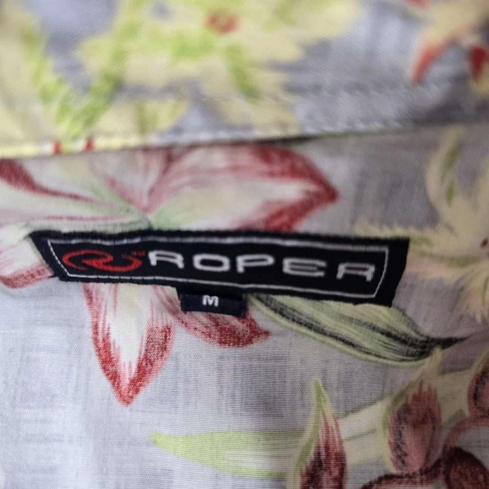 Roper Western Shirt Mens Medium Gray Floral Short Sleeve Hawiian Resort